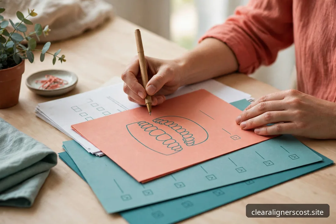 Person reviewing dental treatment paperwork at a desk in soft daylight