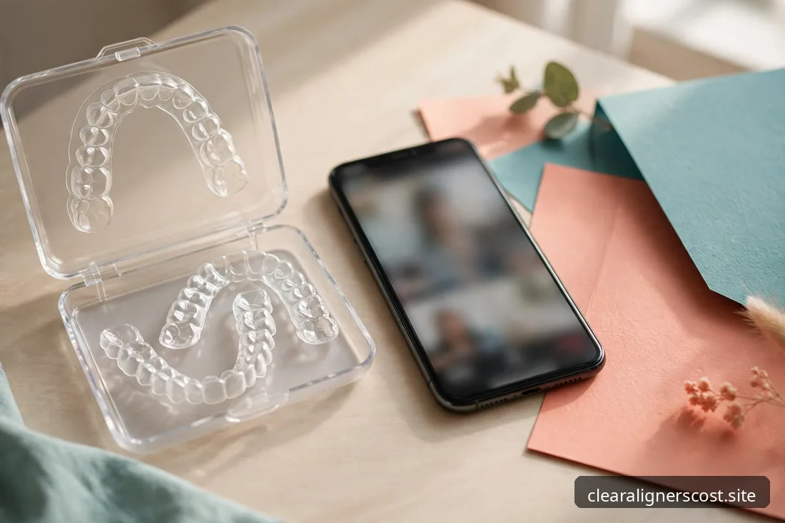 Clear aligner trays beside a smartphone showing a dental consultation