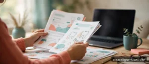 Person reviewing dental insurance documents and a laptop at a home desk