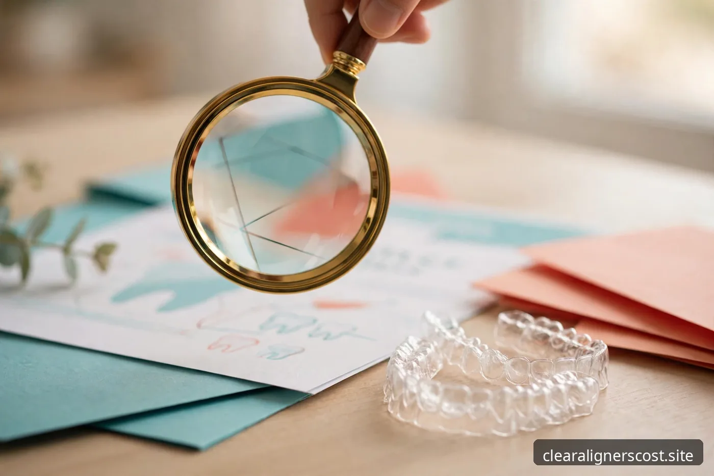 Magnifying glass over dental promotional paperwork beside clear aligner trays