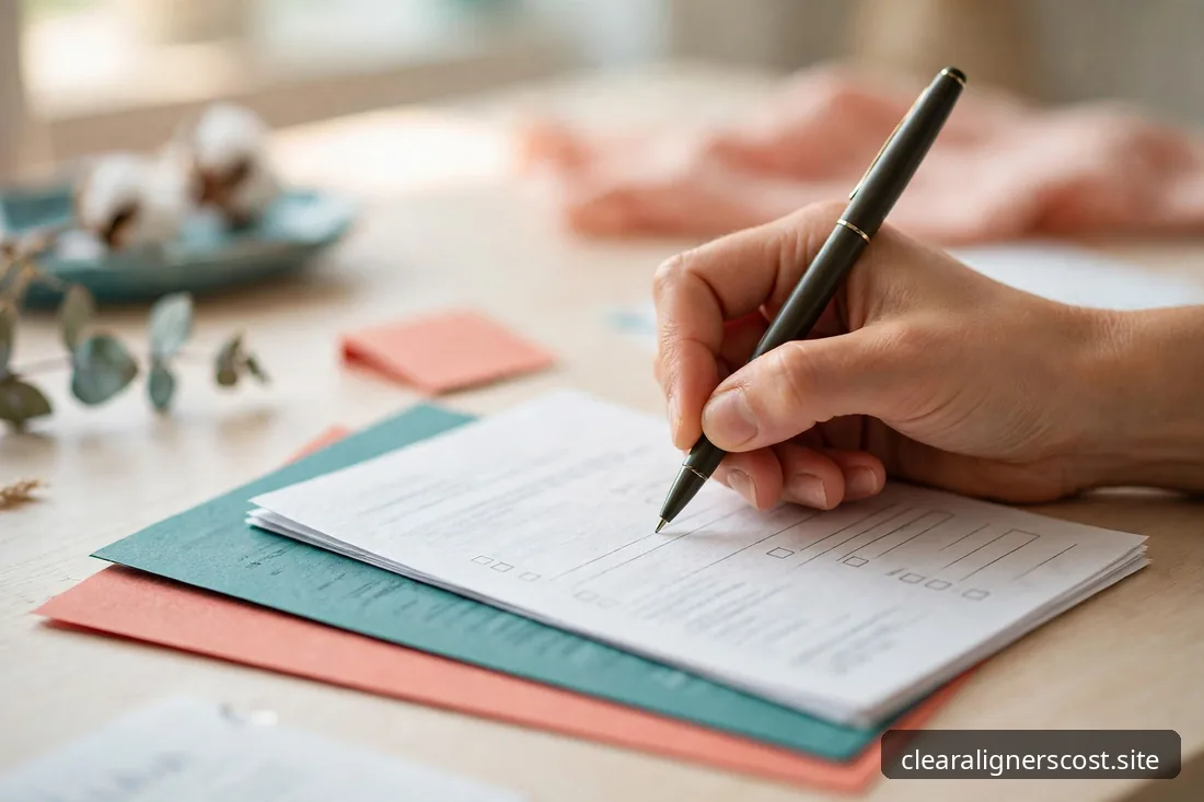 Hand signing dental treatment documents with a pen on a desk