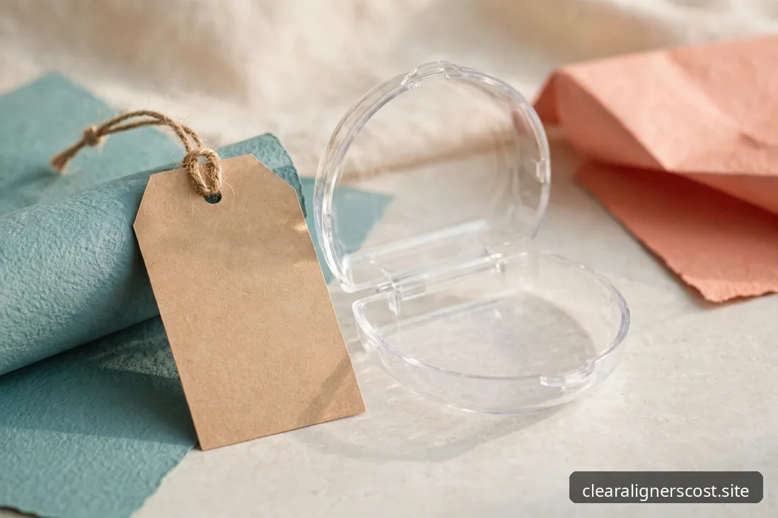Price tag concept beside a clear aligner storage case on a counter