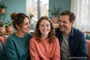 Smiling teenager with parents in a bright orthodontist office waiting area
